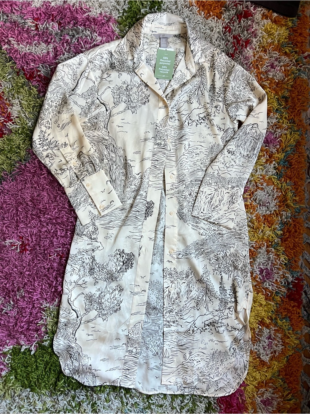 H&M Cream Shirt Dress with Black Scenic Print